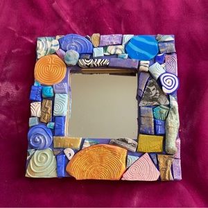 Handmade Polymer Clay Mosaic mirror with clay art frame 6”x6”By Victoria Heisler